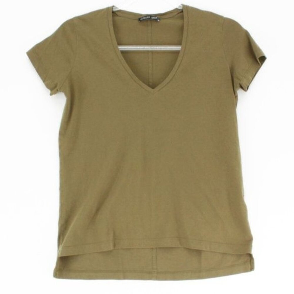 Zara Womens Olive Green V-Neck Short Sleeve High Low Hem T-Shirt